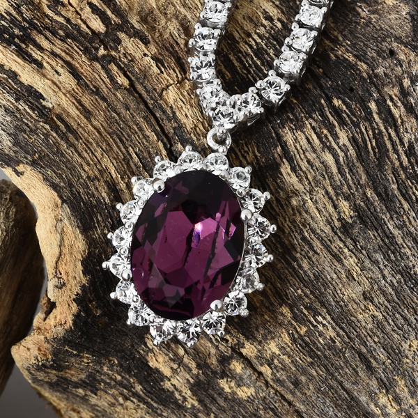 J Francis - Purple Sapphire Crystal (Ovl), White Crystal Necklace (Size 18 with 2 inch Extender) in Platinum Overlay Sterling Silver, Silver wt 31.00 Gms. Number of  159