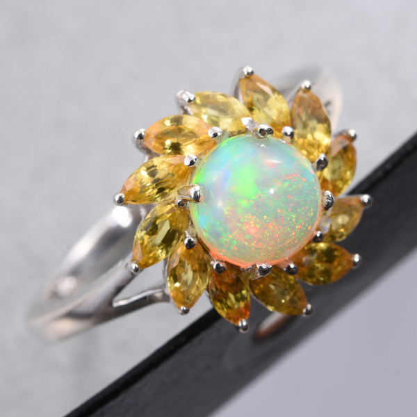 Ethiopian Welo Opal (Rnd), Yellow Sapphire Ring in Platinum Overlay Sterling Silver 2.250 Ct.