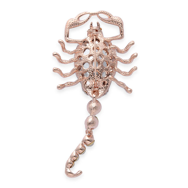 White and Champagne Colour Glass, Black and White Austrian Crystal Scorpion Brooch in Rose Gold Tone