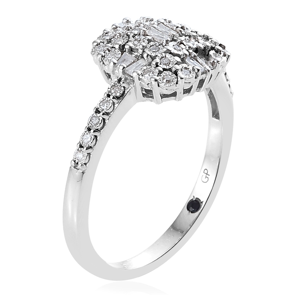 GP Diamond (Rnd and Bgt), Kanchanaburi Blue Sapphire Ring in Platinum Overlay Sterling Silver 0.330 Ct.