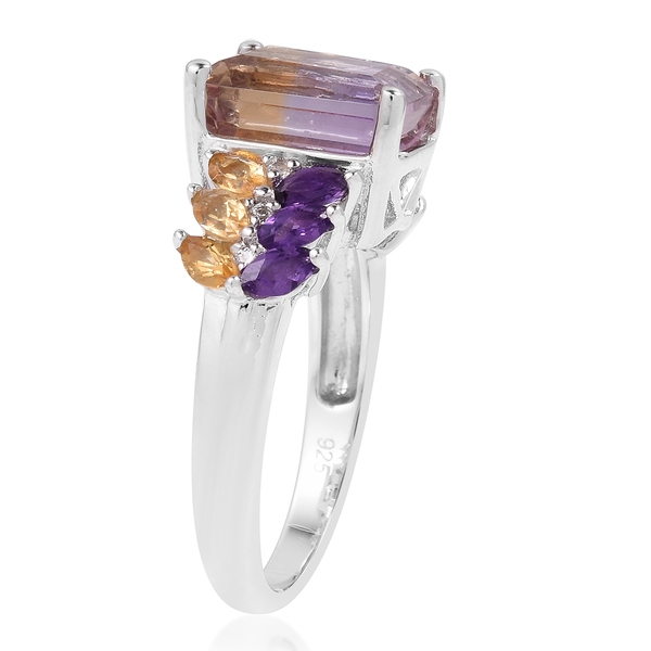 Natural Anahi Ametrine (Oct 10x8 mm), Amethyst, Citrine and Natural White Cambodian Zircon Ring in Rhodium Overlay Sterling Silver 5.490 Ct.
