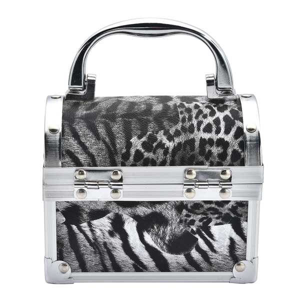 2 Layer Leopard Pattern Aluminium Jewellery Organiser with Handle, Lock and Inside Mirror (Size 12x10x7.5 Cm) - Black & Light Grey