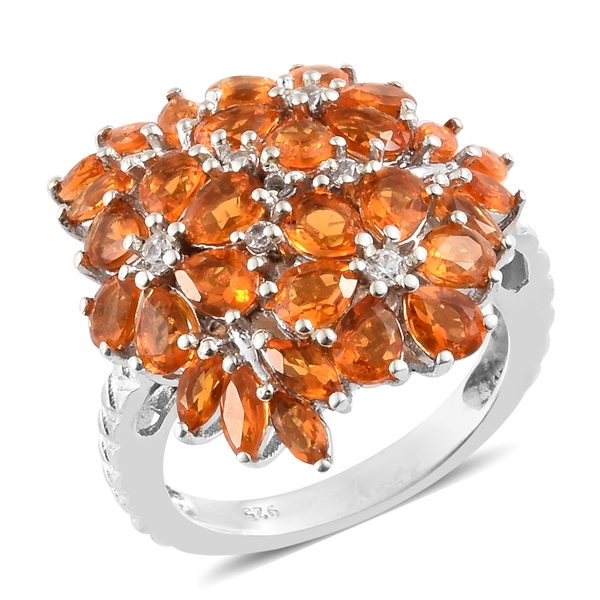 2.50 Ct Jalisco Fire Opal and Zircon Cluster Floral Ring in Platinum Plated Silver