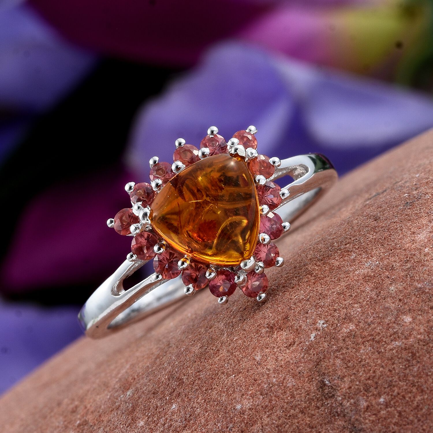 Baltic Amber (Trl), Orange Sapphire Ring in Platinum Overlay Sterling Silver 1.500 Ct.