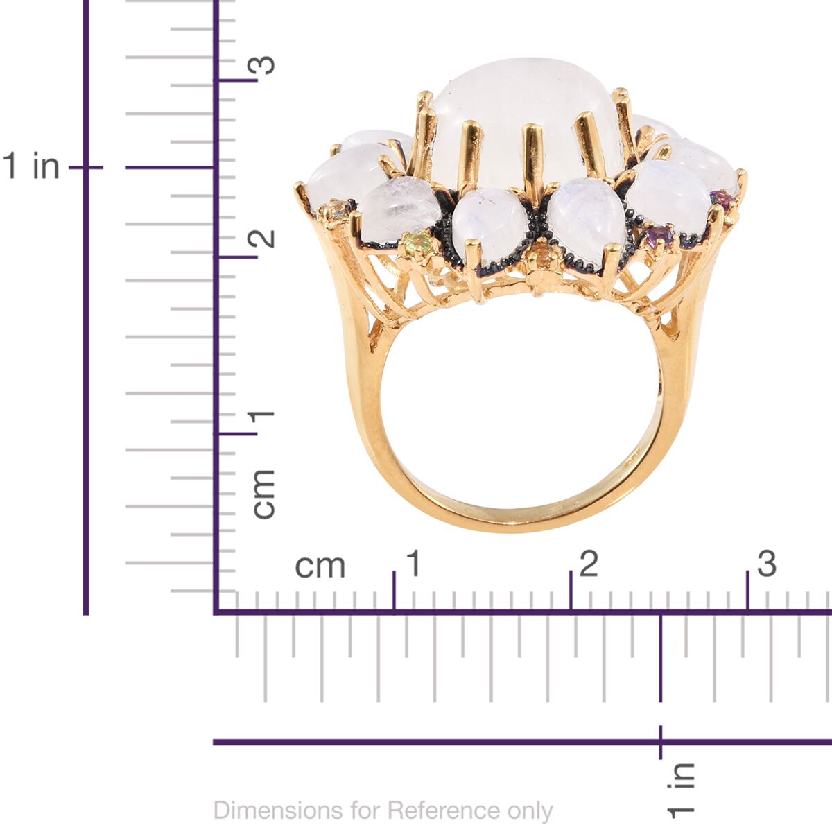 Sri Lankan Rainbow Moonstone (Rnd 10.40 Ct), Amethyst, Rhodolite Garnet and Multi Gemstone Floral Ring in Blue and 14K Gold Overlay Sterling Silver 20.000 Ct. Silver wt 8.70 Gms