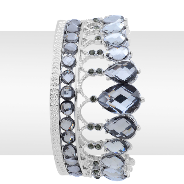 Grey Austrian Crystal Bangle with Simulated Stone (Size 7.5) in Silver Tone