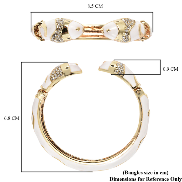 2 Piece Set - White Austrian Crystal Serpent White Enamelled Cuff Bangle (Size 7) and Fish Hook Earrings (with French Clip Rubber & Push Back) in Gold Tone