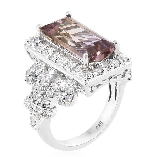 Natural Anahi Ametrine (Bgt 3.75 Ct), Natural White Cambodian Zircon Cluster Ring in Platinum Overlay Sterling Silver 5.750 Ct, Silver wt 7.16 Gms.
