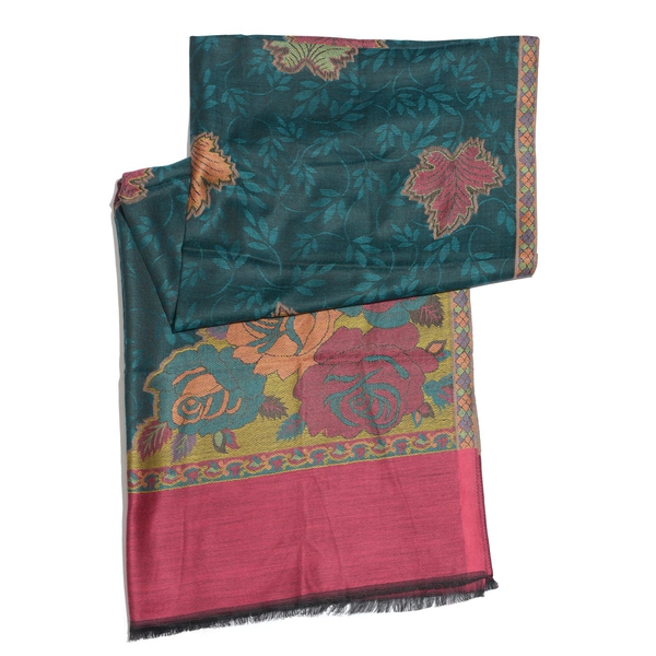 100% Modal Multi Colour Floral and Leaves Pattern Burgundy, Golden and Green Colour Jacquard Scarf (Size 190x70 Cm)