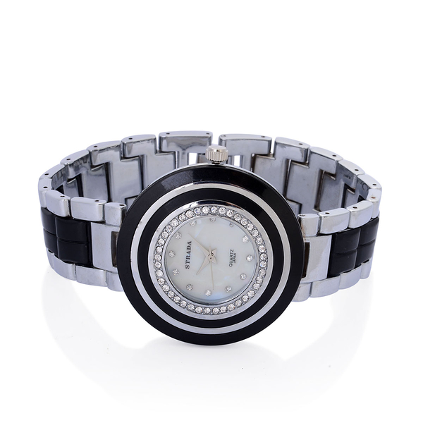 STRADA Japanese Movement White Dial White Austrian Crystal Watch in Silver Tone with Black Resin Strap