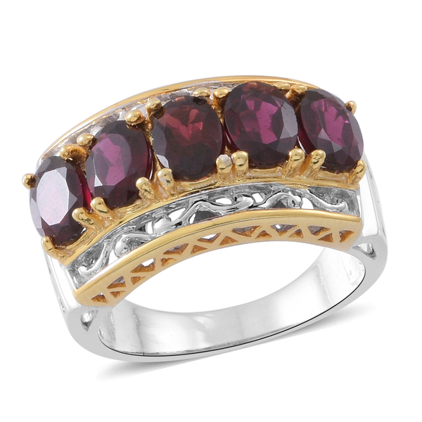 Rhodolite Garnet (Ovl) 5 Stone Ring in Rhodium and Yellow Gold Overlay Sterling Silver 4.500 Ct, Sil