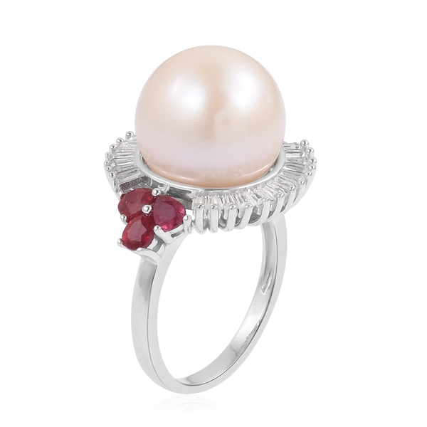 Very Rare Size Edison Pearl (Rnd 14.5-15mm), African Ruby and White Topaz Ring in Rhodium Plated Sterling Silver