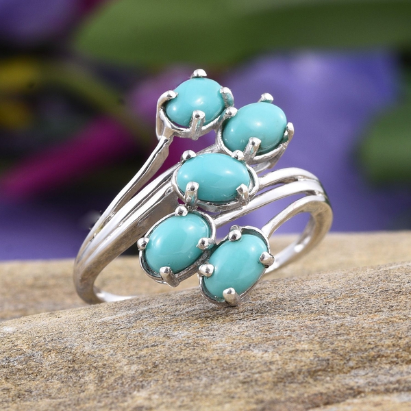 Sonoran Turquoise (Ovl) 5 Stone Crossover Ring in Platinum Overlay Sterling Silver 1.750 Ct.