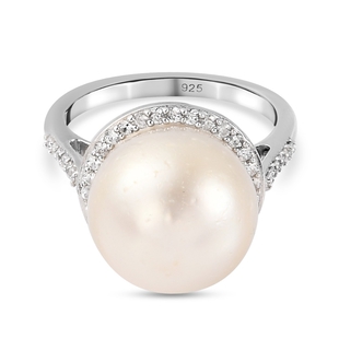 Bairut Pearl and Natural Cambodian Zircon Ring in Platinum Overlay Sterling Silver