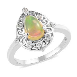 Ethiopian Welo Opal and Natural Cambodian Zircon Ring in Platinum Overlay Sterling Silver 1.06 Ct.