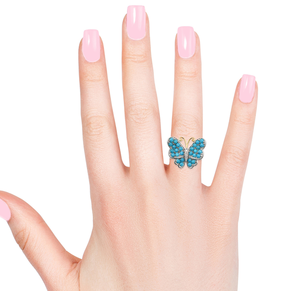 Arizona Sleeping Beauty Turquoise (Rnd), Natural White Cambodian Zircon Butterfly Ring in Platinum and Yellow Gold Overlay Sterling Silver 1.750 Ct