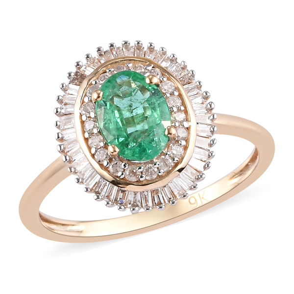 9K Yellow Gold Premium Emerald and Diamond Halo Ring 1.00 Ct.