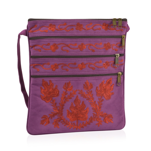 Purple and Red Colour Hand Embroidered Floral and Leaves Pattern Sling Bag with External Zipper Pock
