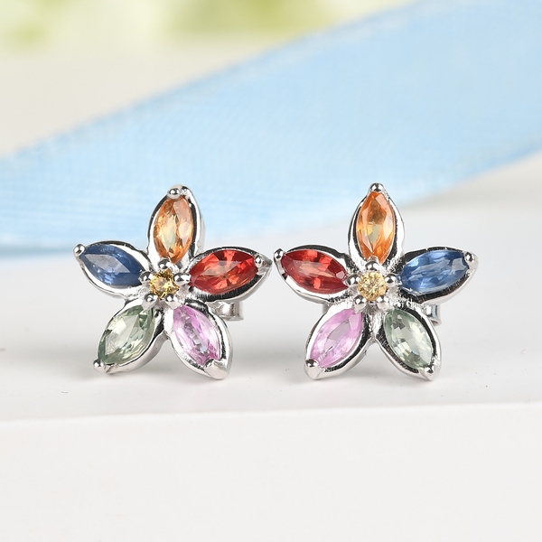 Rainbow Sapphire and Yellow Sapphire Floral Stud Earrings (with Push Back) in Platinum Overlay Sterling Silver 1.15 Ct.