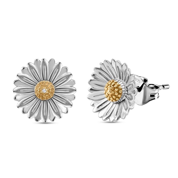 Diamond Floral Stud Earrings (with Push Back) in Platinum and Gold Overlay Sterling Silver
