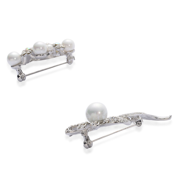 Set of 2 - White Glass Pearl and White Austrian Crystal Brooch in Silver Tone