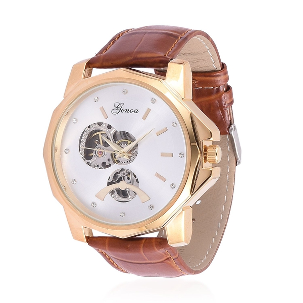 GENOA Automatic Skeleton White Dial Water Resistant Watch in ION Plated Yellow Gold with Stainless S