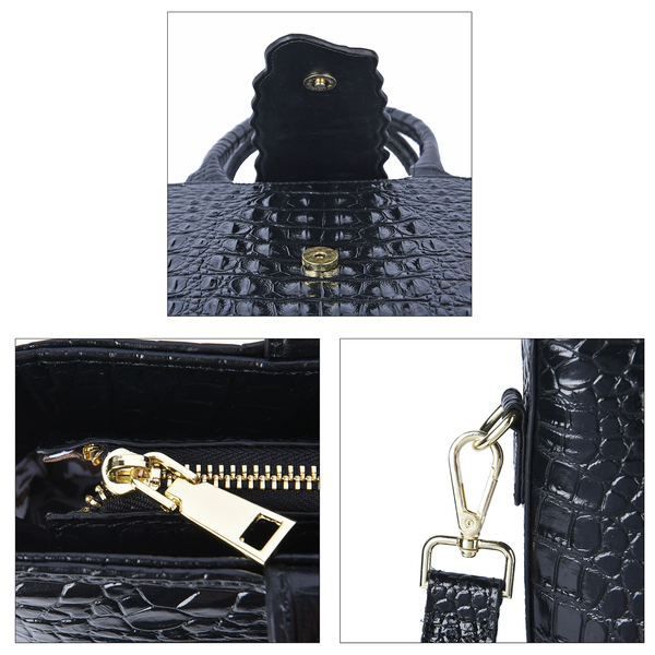 SENCILLEZ 100% Genuine Leather Croc Pattern Convertible Bag with Handel and Shoulder Strap (Size 33x25x12x28 Cm) - Black