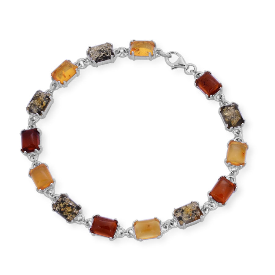 Tucson Collection Cognac Amber (Oct), Mayan Green and Baltic Yellow Amber Bracelet in Rhodium Plated