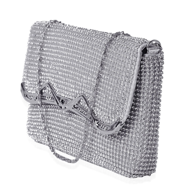 White Austrian Crystal Silver Tone Clutch Bag with Chain Strap (Size 19x11 Cm)