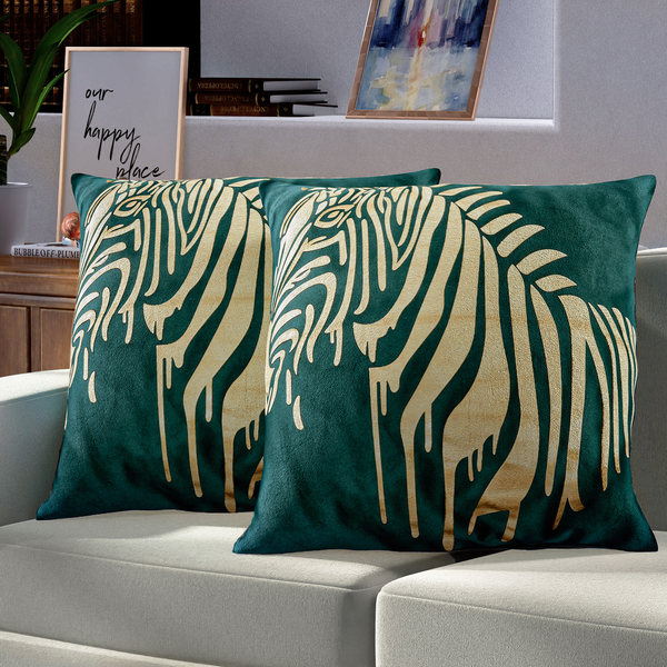 Set of 2 - Giraffe Pattern Velvet Cushion Cover (Size 45 Cm) - Green & Gold