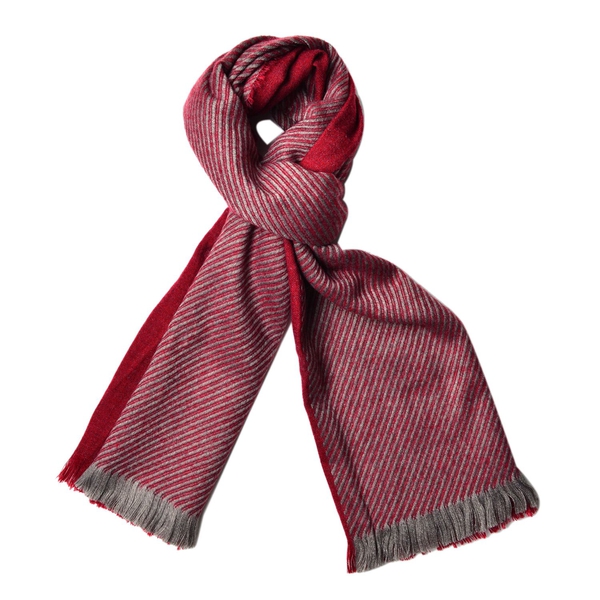 Designer Inspired-Red and Grey Colour Stripes Pattern 3 Way Wearable Scarf with Fringes (Size 200X75