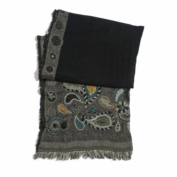 Designer Inspired 100% Wool Multi Colour Paisley and Floral Embroidered Black Colour Scarf with Frin
