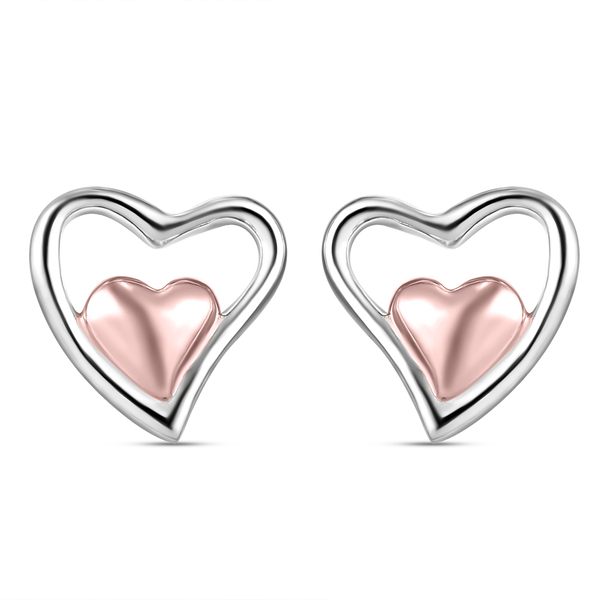 Platinum and Rose Gold Overlay Sterling Silver Heart Stud Earrings (with Push Back)