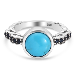 Arizona Sleeping Beauty Turquoise and Blue Sapphire Ring in Platinum Overlay Sterling Silver 2.41 Ct