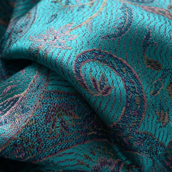 SILK MARK - 100% Superfine Silk Pink and Multi Colour Paisley and Leaves Pattern Green Colour Jacquard Jamawar Shawl with Fringes (Size 180x70 Cm) (Weight 125-140 Grams)