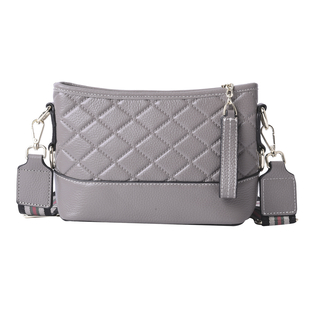 Genuine Leather Quilted Pattern Crossbody Bag - Grey