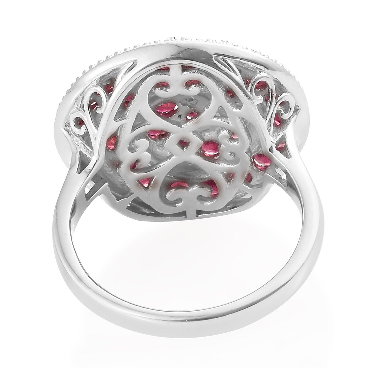 African Ruby (Rnd) Swirl Ring in Platinum Overlay Sterling Silver 4.000 Ct. Silver wt 8.61 Gms.