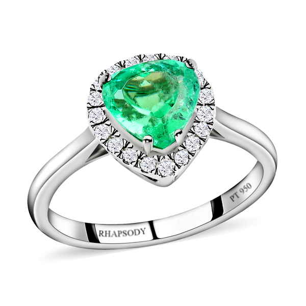 950 Platinum  AAAA  Colombian Emerald  White Diamond SI Ring 1.70 ct,  Platinum Wt. 5.31 Gms  1.700 
