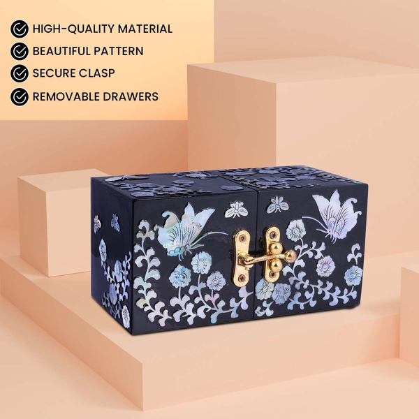 Twin Cube Jewelry Box Organizer Hand Made Mother of Pearl Sea Shell Inlay Lacquered Floral Butterfly Pattern- Black
