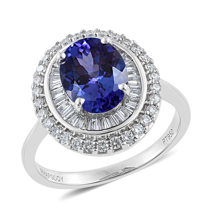 RHAPSODY 2.50 Ct AAAA Tanzanite and Diamond VS EF Double Halo Ring in 950 Platinum