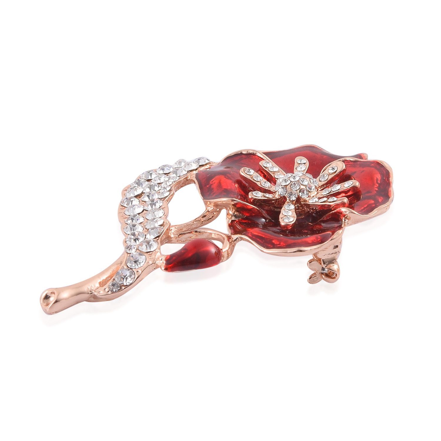 (Option-1) White Austrian Crystal Red Enemeled Floral Brooch in Rose Gold Tone