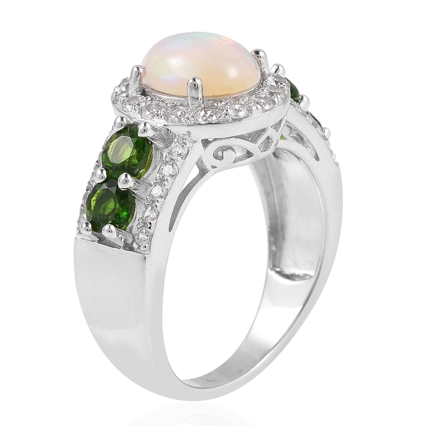 Ethiopian Welo Opal (Ovl 1.25 Ct), Natural White Cambodian Zircon and Chrome Diopside Ring in Rhodium Overlay Sterling Silver 2.780 Ct.