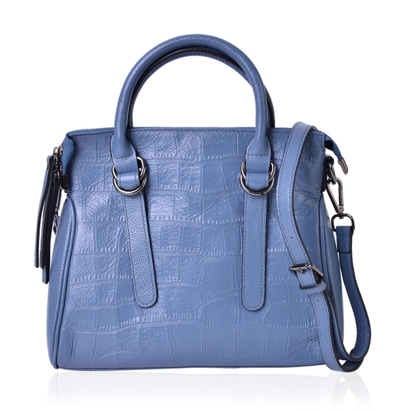 Genuine Premium Leather Croc Embossed Blue Colour Tote Bag with Adjustable and Removable Shoulder St