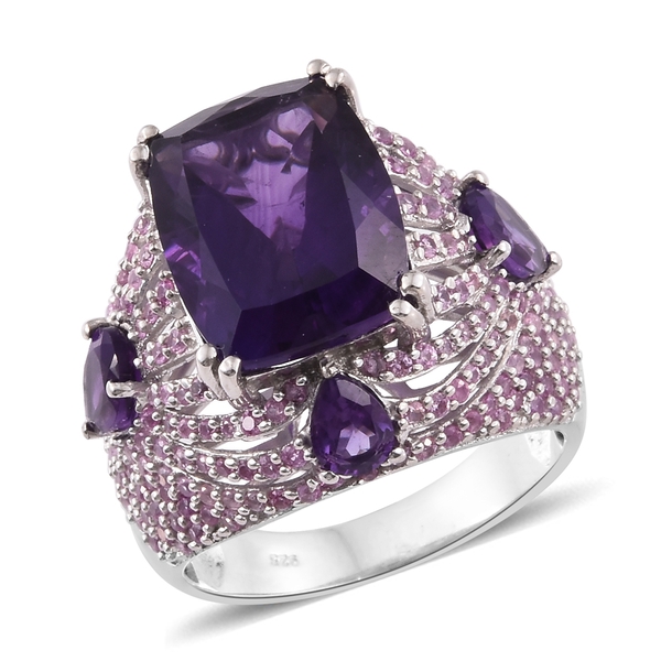 Lusaka Amethyst (Cush 16x12mm10.80 Ct), Pink Sapphire Ring in Platinum Overlay Sterling Silver 15.00