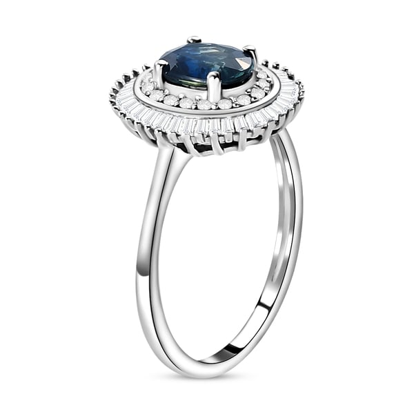 9K White Gold Ocean Teal Sapphire and Diamond Ring 1.22 Ct.