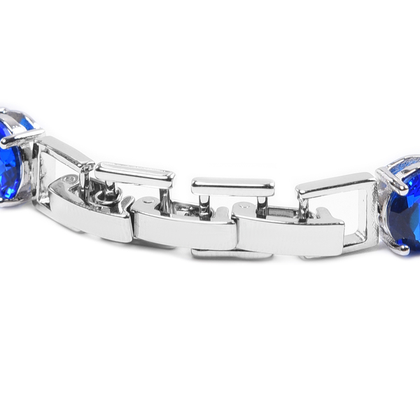 Simulated Blue Sapphire Tennis Bracelet (Size 8 with Extender) in Silver Tone