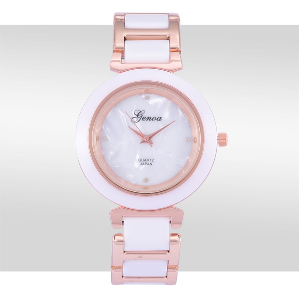 Diamond studded GENOA White Ceramic Japanese Movement MOP Dial Water Resistant Watch in Rose Gold Tone with Stainless Steel Back and Chain Strap