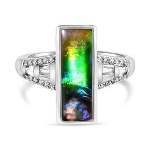 Ammolite and Natural Cambodia Zircon Ring in Platinum Overlay Sterling Silver 3.01 Ct.