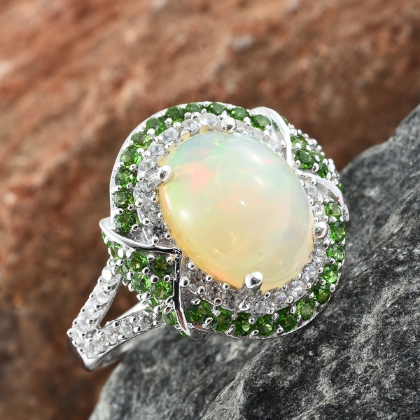 Rare Size Ethiopian Welo Opal (Ovl 3.50 Ct), Natural Cambodian Zircon and Chrome Diopside Ring in Platinum Overlay Sterling Silver 5.000 Ct.