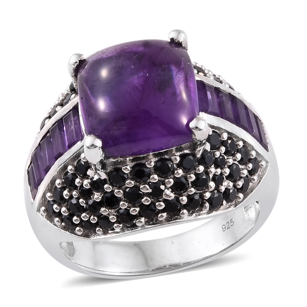 10.50 Ct Amethyst and Boi Ploi Black Spinel Cluster Ring in Platinum Plated Silver 7.81 Grams
